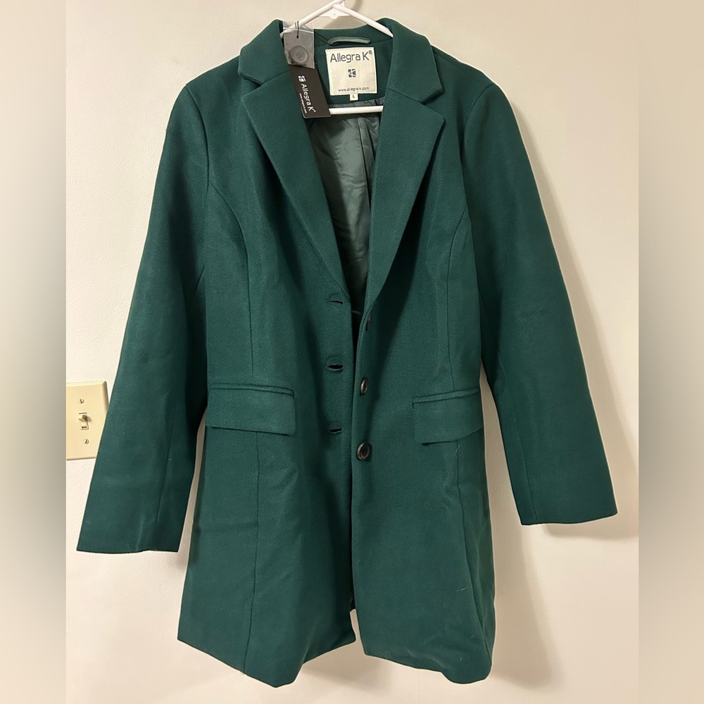 NWT Allegra K Dark Forest Green Button Front Thick Pea Coat Jacket